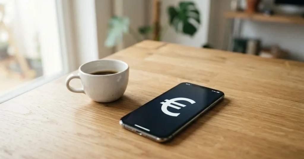 Ein Smartphone mit dunklem Display liegt neben einer Kaffeetasse und einigen Münzen auf einem hellen Holztisch, weiches Tageslicht fällt von links.