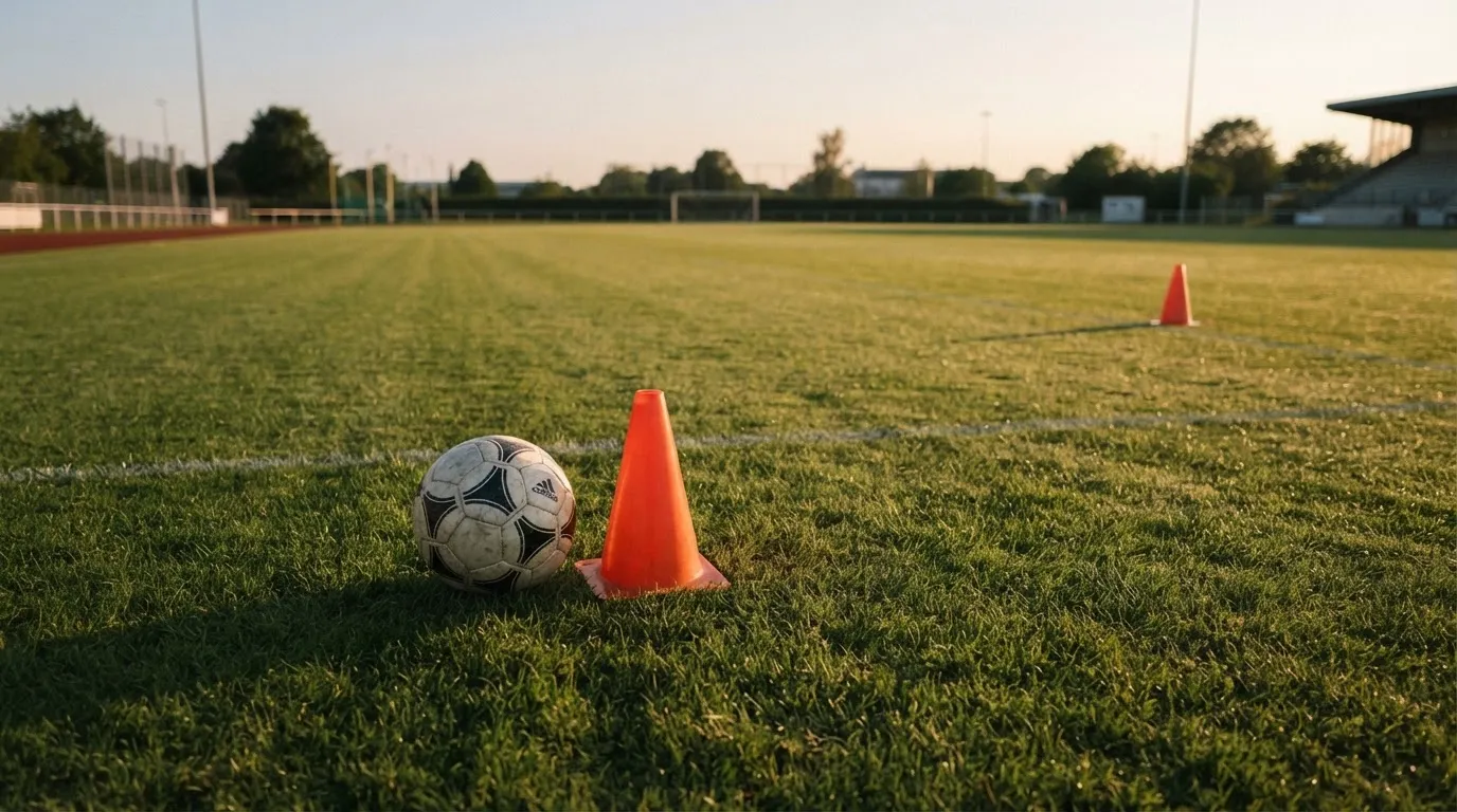 Ein Fußball liegt auf einem Trainingsplatz neben einem orangen Hütchen, Abendlicht fällt flach über den Rasen.