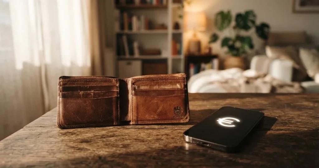 Ein Portemonnaie aus Leder liegt geöffnet auf einem Holztisch neben einem Smartphone mit dunklem Display, Fensterlicht fällt von der Seite.