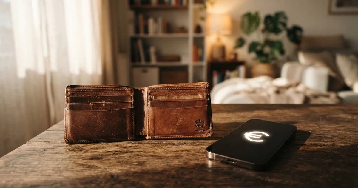 Ein Portemonnaie aus Leder liegt geöffnet auf einem Holztisch neben einem Smartphone mit dunklem Display, Fensterlicht fällt von der Seite.