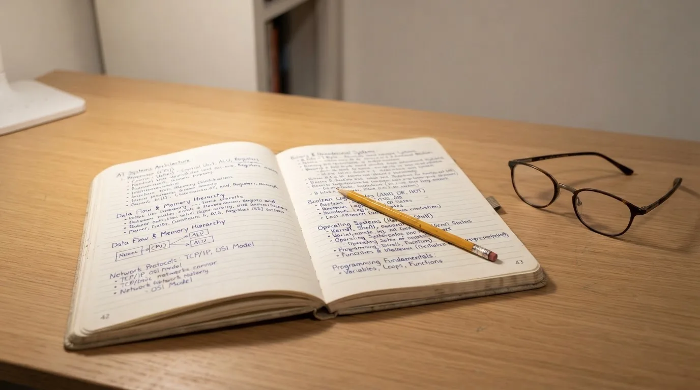 Ein aufgeschlagenes Notizbuch mit handschriftlichen Notizen liegt neben einem Bleistift auf einem Schreibtisch, daneben eine Brille.