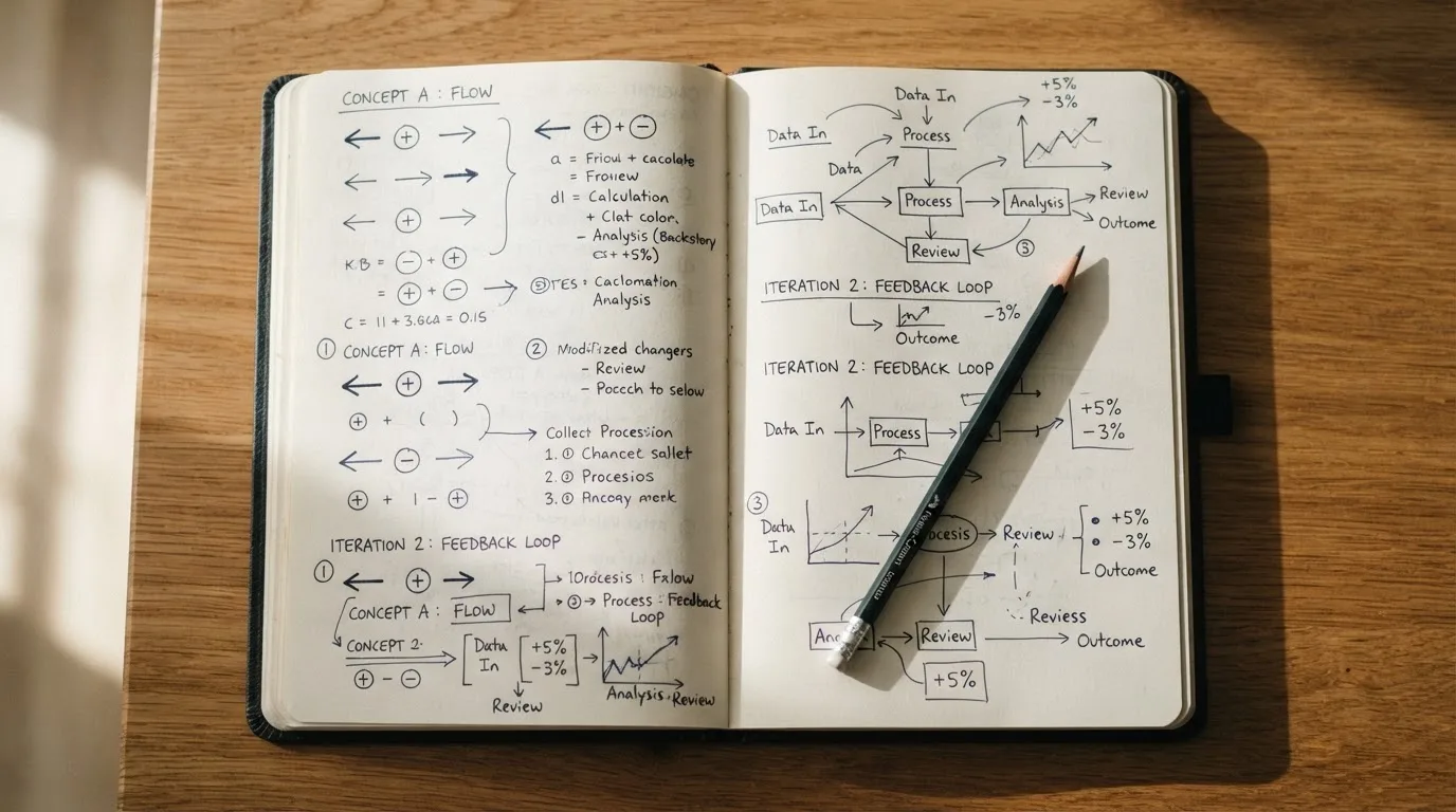 Ein aufgeschlagenes Notizbuch mit handschriftlichen Skizzen und Pfeilen liegt neben einem Bleistift auf einem Holztisch, Tageslicht fällt von der Seite.