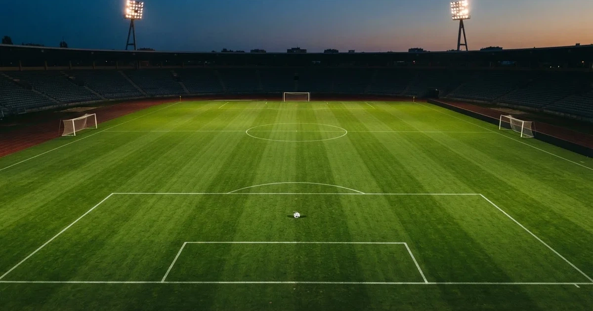 Ein Spielfeld aus der Vogelperspektive mit frisch gezogenen weißen Linien, ein einzelner Ball liegt im Strafraum, niemand ist zu sehen.
