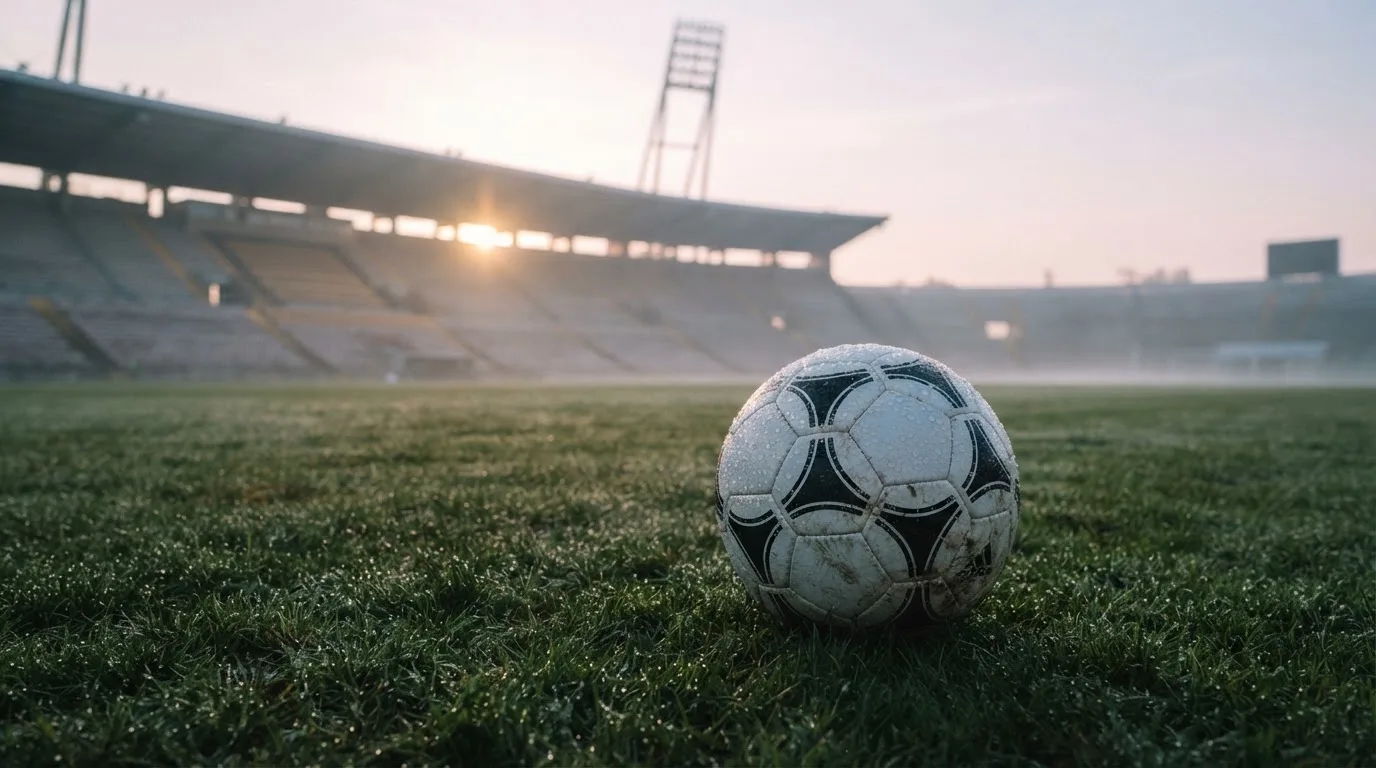 Ein Fußball liegt auf dem Rasen vor einer leeren Tribüne am frühen Morgen, Tau glänzt auf dem Gras.