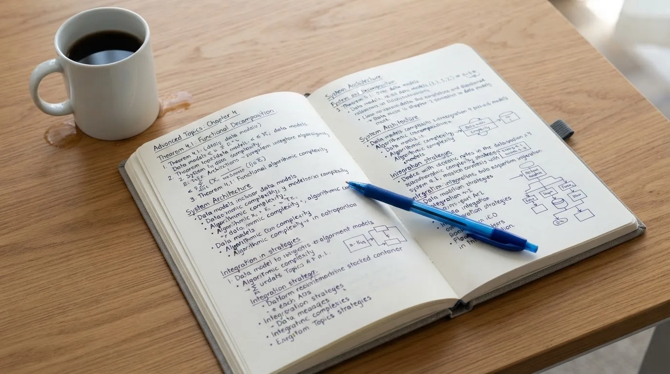 Ein Notizbuch mit handschriftlichen Notizen und ein Kugelschreiber liegen auf einem Schreibtisch neben einer Tasse, Blick schräg von oben.