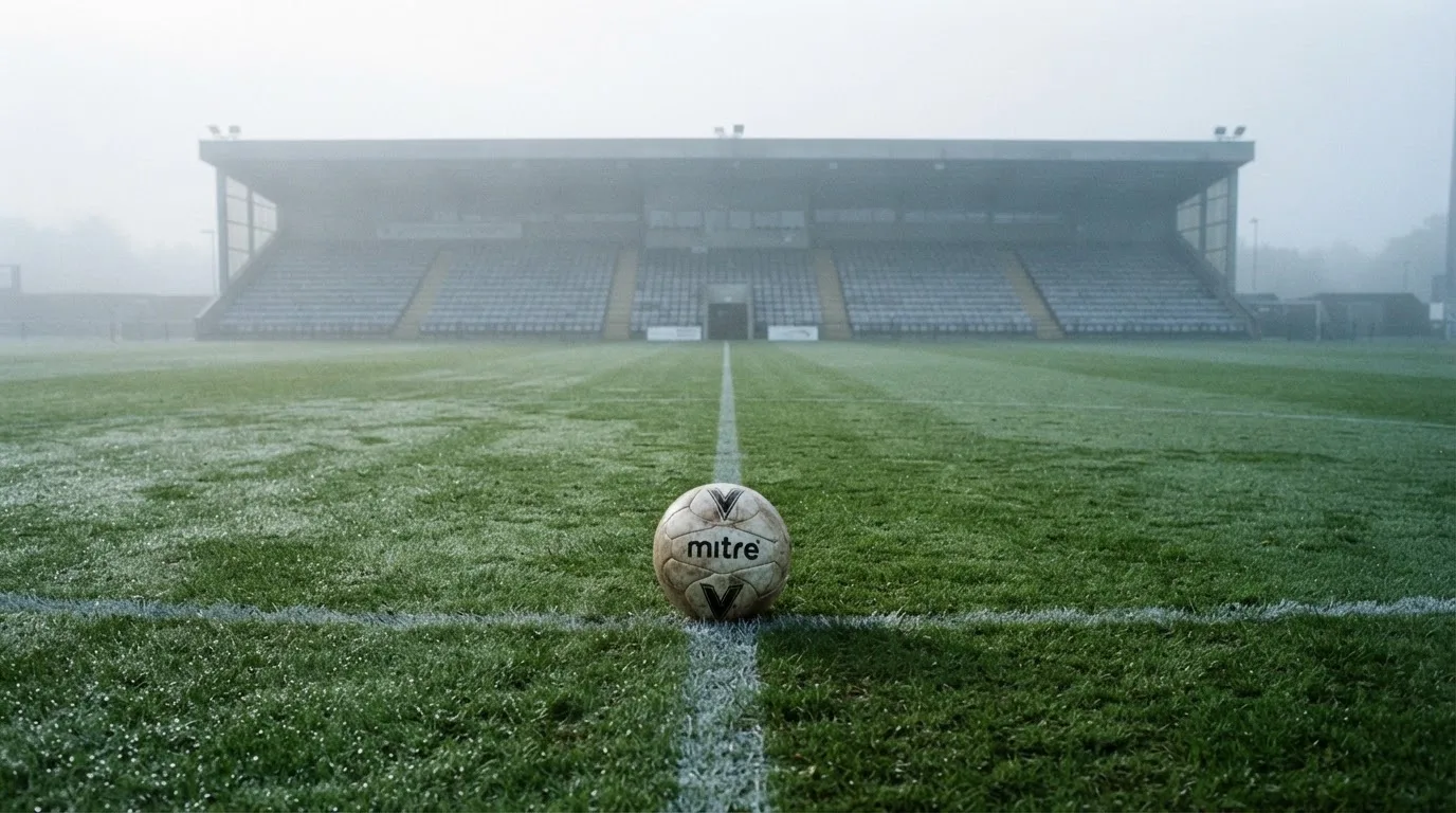 Ein Fußball liegt auf dem Anstoßpunkt eines leeren Rasenplatzes im Morgendunst, im Hintergrund eine ferne Tribüne.