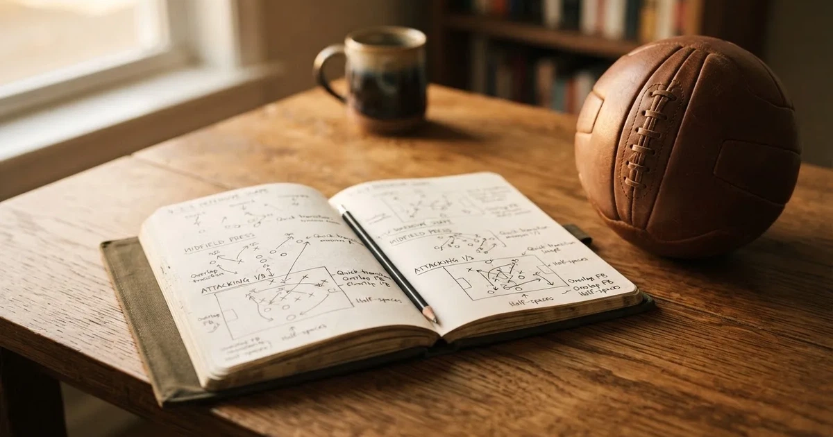 Ein Notizbuch mit handschriftlichen Notizen und kleinen Skizzen liegt aufgeschlagen neben einem Bleistift auf einem Schreibtisch, daneben ein Fußball.