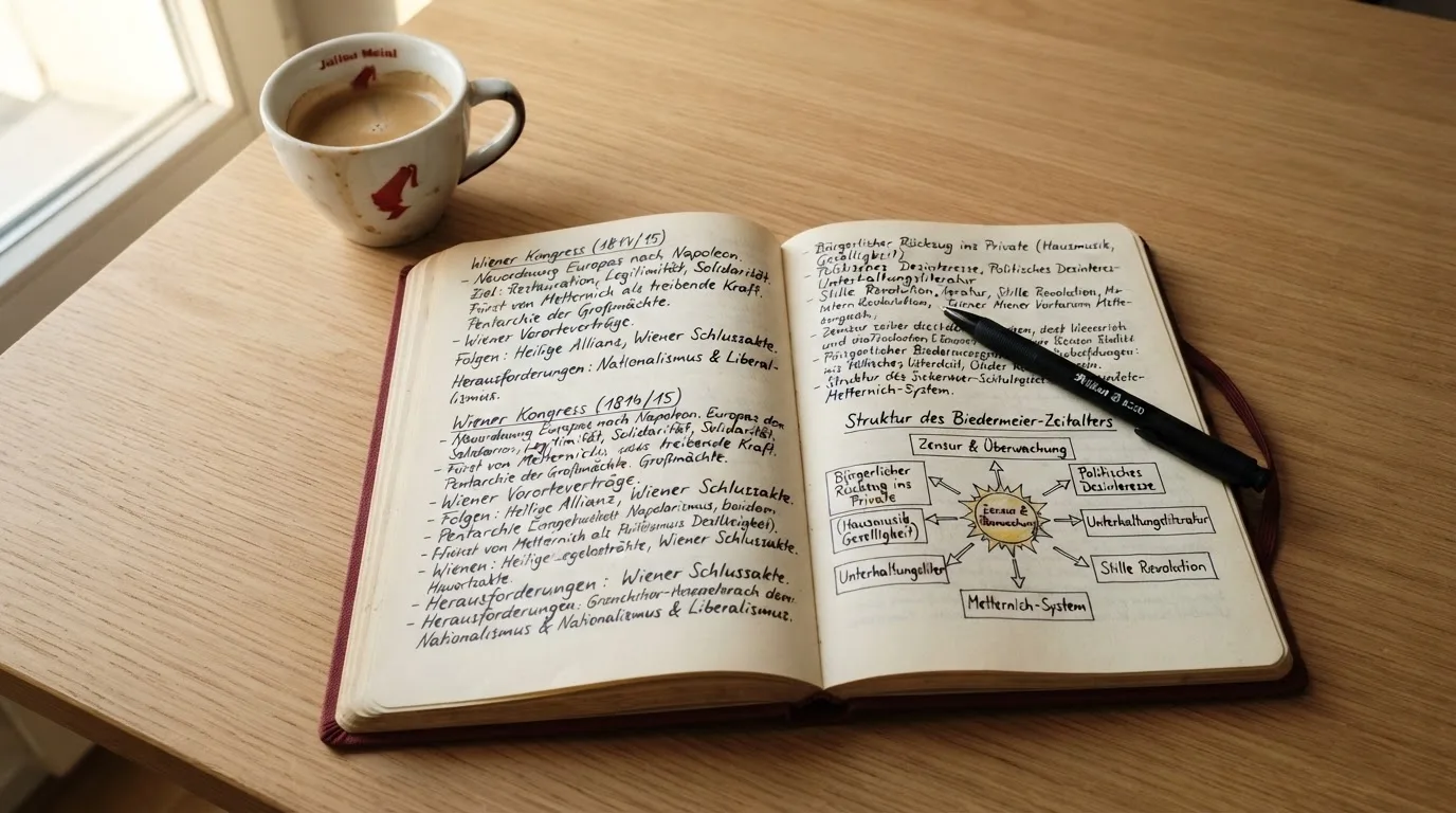 Ein Notizbuch mit handschriftlichen Notizen und ein Kugelschreiber liegen auf einem Schreibtisch neben einer Tasse, Blick schräg von oben.