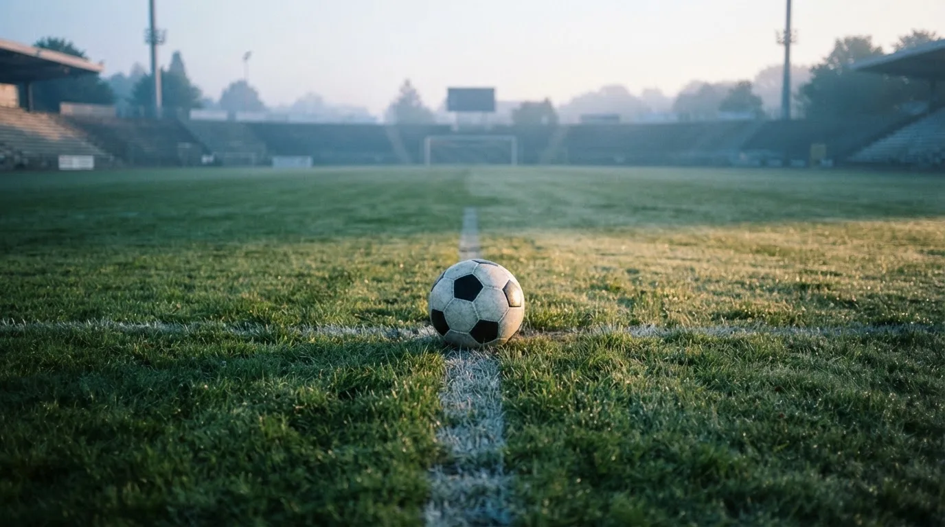 Ein Fußball liegt auf dem Mittelkreis eines leeren Rasenplatzes am frühen Morgen, im Hintergrund eine ferne Tribüne im Dunst.