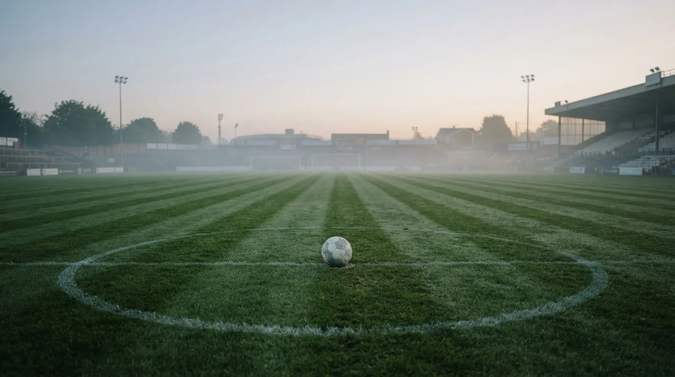 Ein Fußball liegt auf dem Mittelkreis eines leeren Rasenplatzes am frühen Morgen, im Hintergrund eine ferne Tribüne im Dunst.