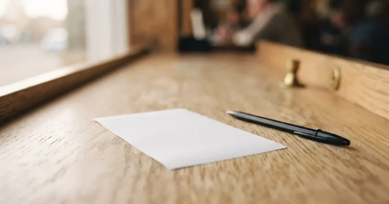 Ein leerer Papier-Wettschein ohne Aufdruck liegt neben einem Kugelschreiber auf einem hellen Tresen, weiches Seitenlicht.