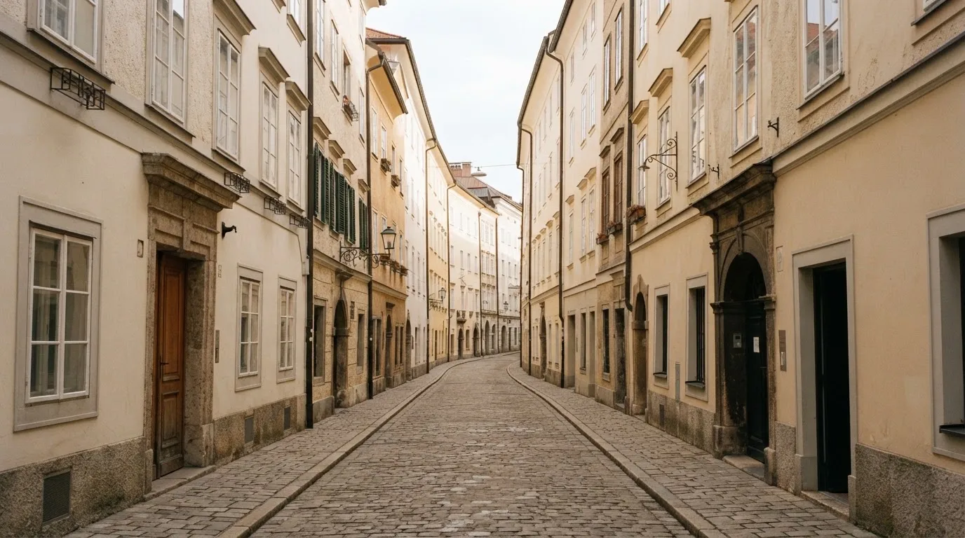 Ein ruhiger Straßenzug in einer Altstadt am Vormittag, helle Fassaden, keine Schilder, niemand ist zu sehen.