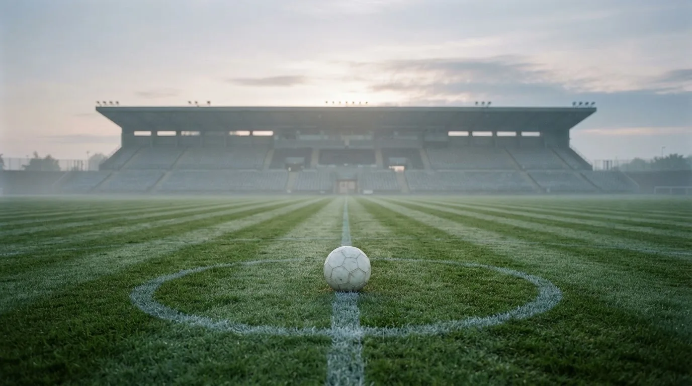 Ein Fußball liegt auf dem Mittelkreis eines leeren Rasenplatzes am frühen Morgen, im Hintergrund eine ferne Tribüne im Dunst.