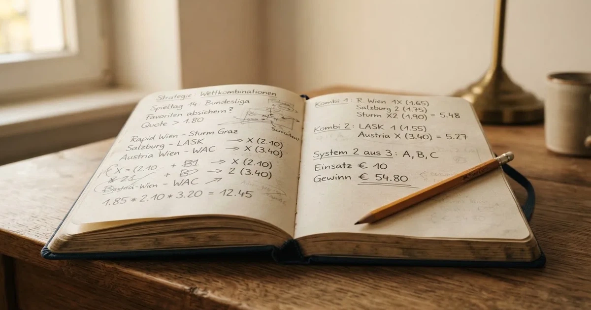 Ein Notizbuch mit handschriftlichen Notizen und kleinen Skizzen liegt aufgeschlagen neben einem Bleistift auf einem Schreibtisch, Fensterlicht von links.
