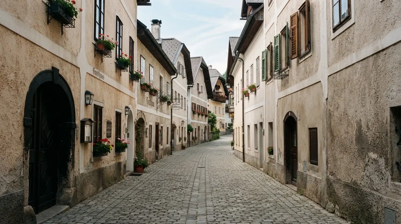 Ein ruhiger Straßenzug in einer Altstadt am Vormittag, helle Fassaden, keine Schilder, niemand ist zu sehen.