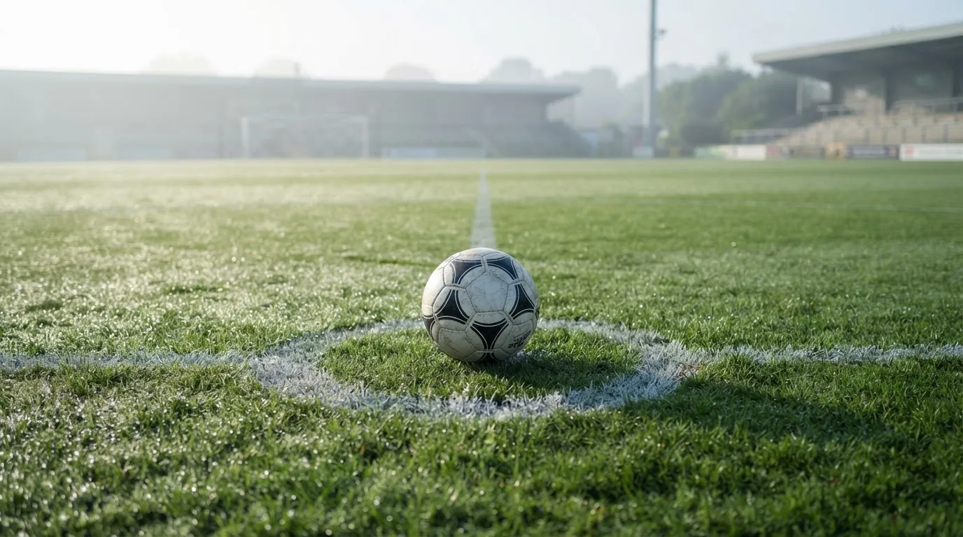 Ein Fußball liegt auf dem Anstoßpunkt eines leeren Rasenplatzes im Morgendunst, im Hintergrund eine ferne Tribüne.
