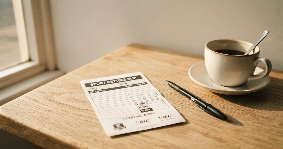 Ein leerer Wettschein aus Papier und ein Kugelschreiber liegen auf einem hellen Holztisch neben einer Kaffeetasse im warmen Seitenlicht.