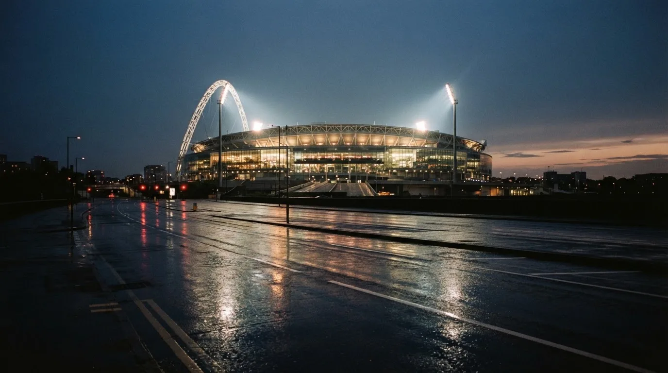 Ein Stadion unter Flutlicht aus großer Entfernung gesehen, davor eine nasse Straße in der Abenddämmerung.