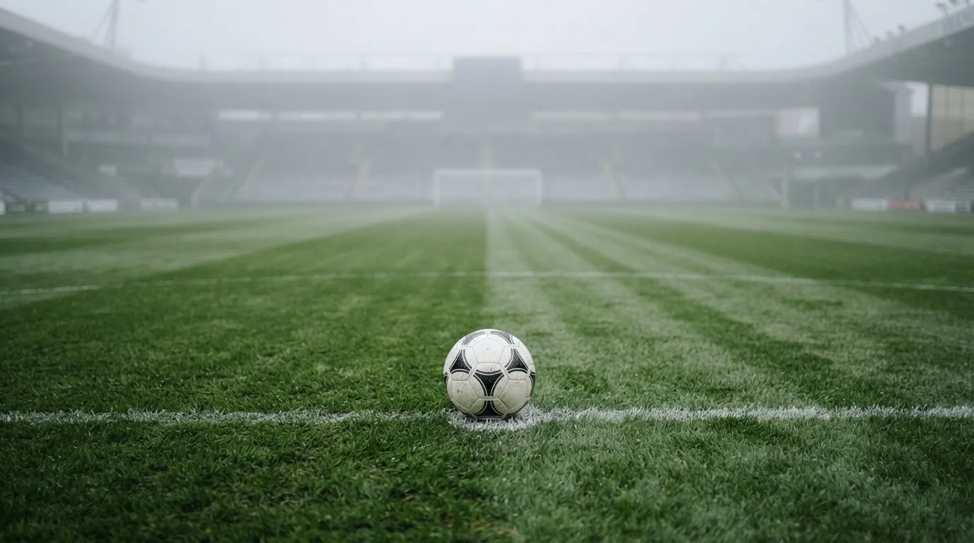 Ein Fußball liegt auf dem Anstoßpunkt eines leeren Rasenplatzes im Morgennebel.