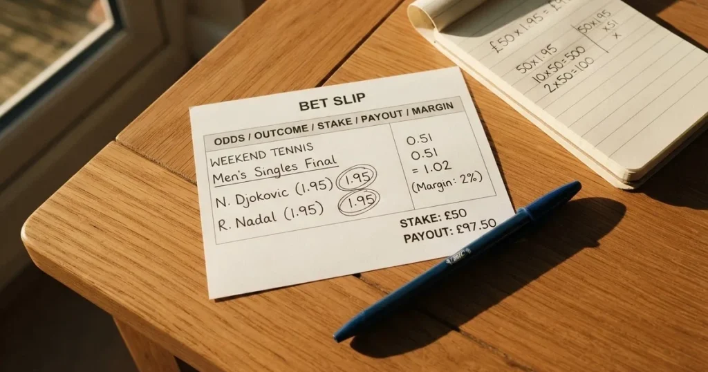 Ein leerer Wettschein aus Papier und ein Kugelschreiber liegen auf einem Holztisch, daneben ein kleiner Taschenrechner im Seitenlicht.