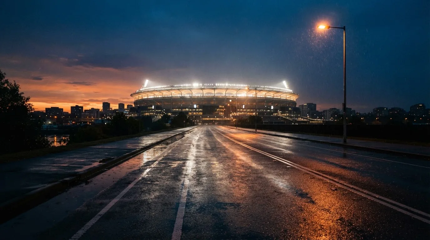 Ein Stadion unter Flutlicht aus großer Entfernung gesehen, davor eine regennasse Straße in der Dämmerung.