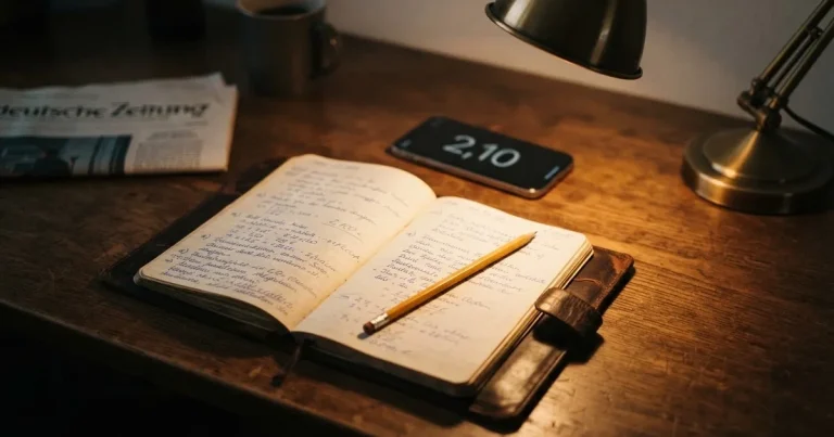 Ein aufgeschlagenes Notizbuch mit handschriftlichen Notizen und ein Bleistift liegen auf einem Schreibtisch im Licht einer Lampe.