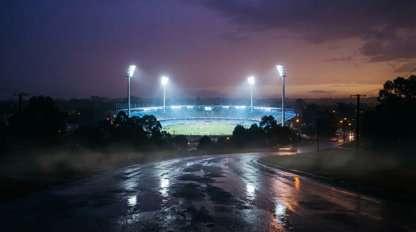 Ein Stadion unter Flutlicht aus großer Entfernung gesehen, davor eine regennasse Straße in der Dämmerung.