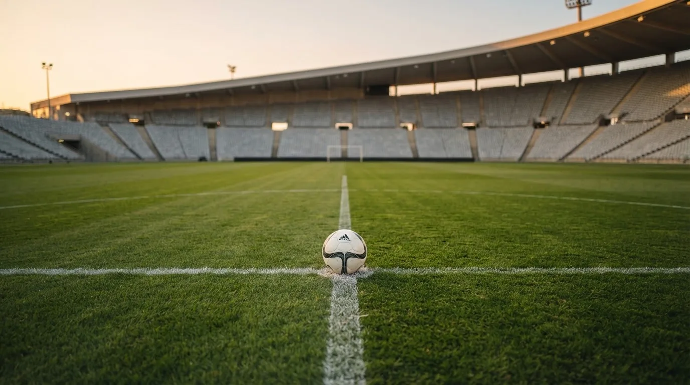 Ein Fußball liegt auf dem Anstoßpunkt eines leeren Rasenplatzes, dahinter eine menschenleere Tribüne im weichen Abendlicht.