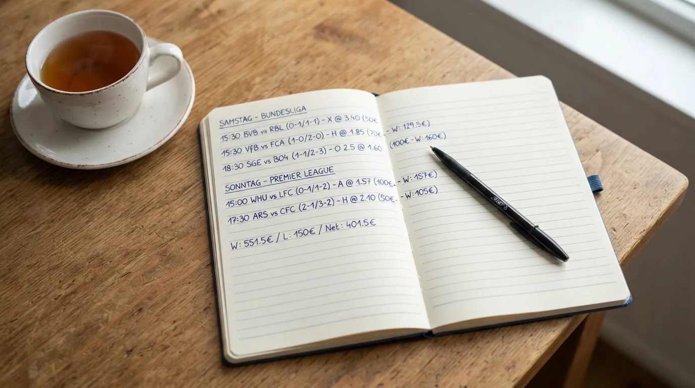 Ein aufgeschlagenes Notizbuch mit handgeschriebenen Notizen und ein Kugelschreiber liegen auf einem Schreibtisch neben einer Tasse Tee.
