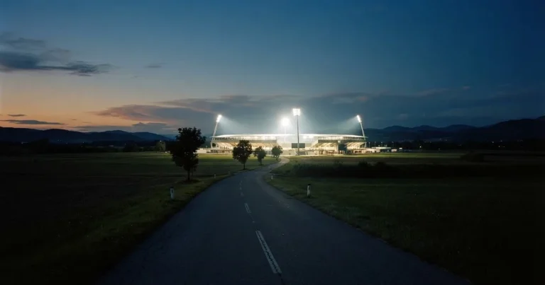 Ein Stadion unter Flutlicht aus großer Entfernung gesehen, davor eine dunkle Landstraße und einzelne Bäume in der Abenddämmerung.