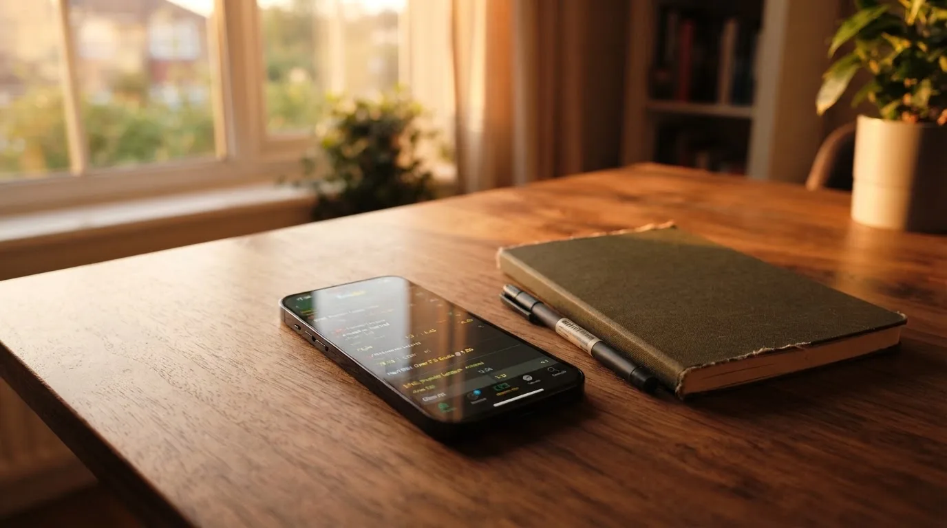 Ein Smartphone mit dunklem Display liegt auf einem Holztisch neben einem Notizbuch, durch das Fenster fällt Abendlicht.
