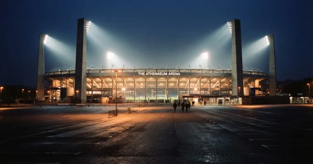 Ein Fußballstadion unter Flutlicht aus großer Entfernung gesehen, die Lichtkegel stehen im dunklen Abendhimmel über leeren Parkplätzen.