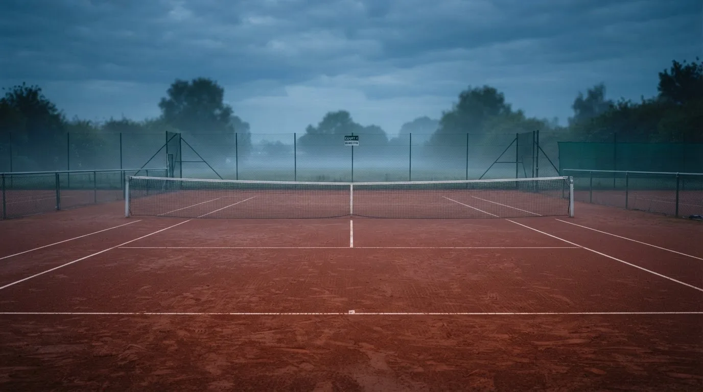 Ein Tennisplatz im Morgengrauen mit Netz und Linien, über dem Sandboden liegt leichter Nebel und niemand ist zu sehen.