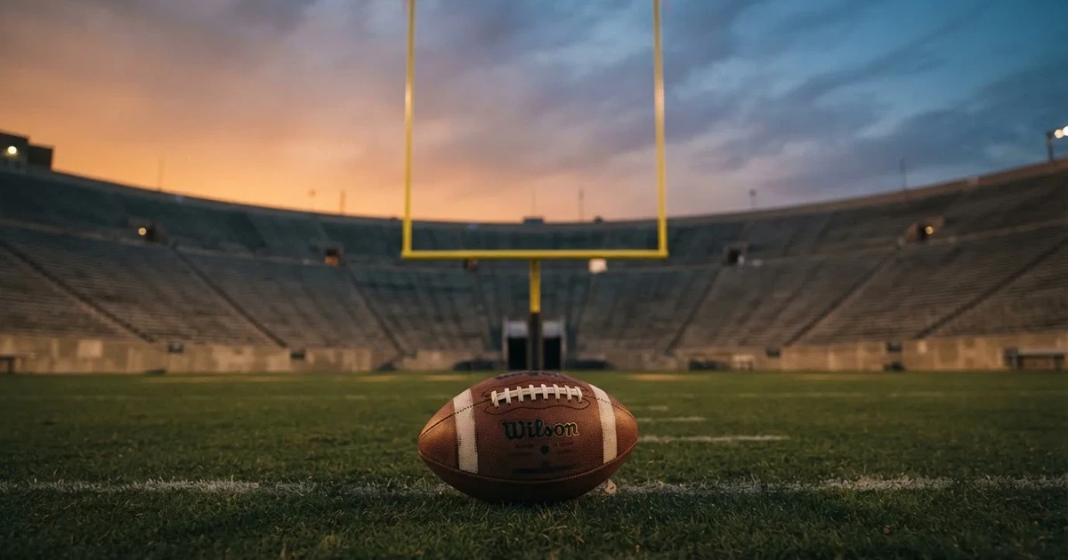 Ein ovaler Football liegt auf dem Rasen vor den gelben Torstangen eines leeren Stadions in der Abenddämmerung.