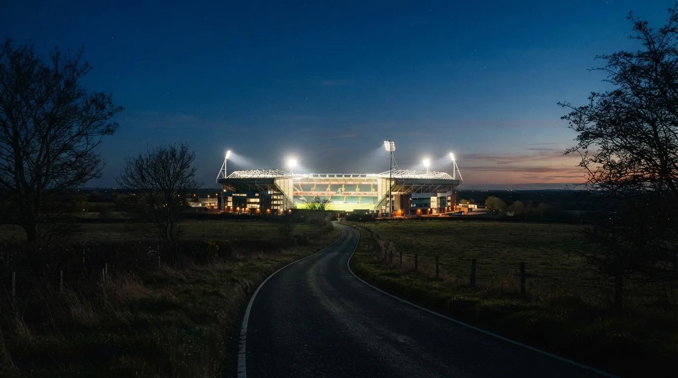 Ein großes Stadion unter Flutlicht aus weiter Entfernung gesehen, davor eine dunkle Landstraße und ein paar Bäume.