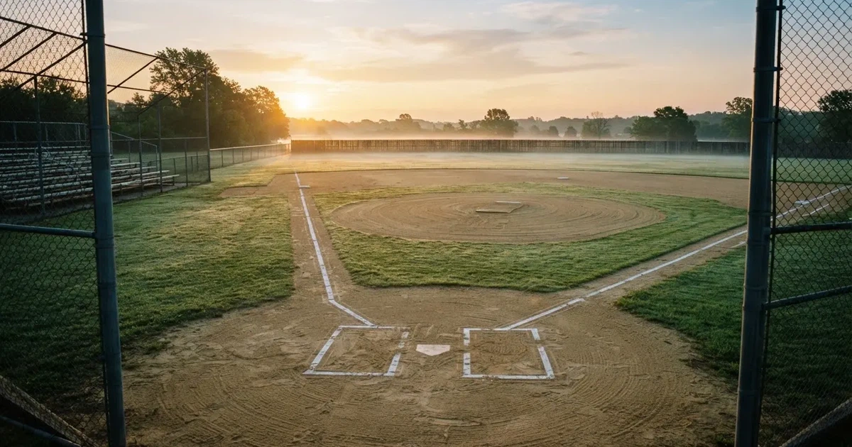 Ein leeres Baseballfeld mit Sandfläche, Basen und weißen Linien in der Morgendämmerung, über dem Rasen liegt leichter Nebel.