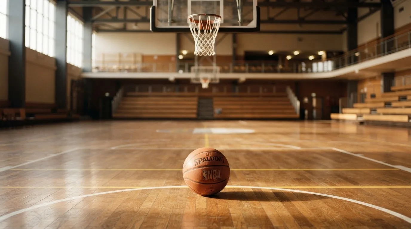 Ein orangefarbener Basketball liegt auf einem Hallenboden unter dem Netz eines Korbs, im Hintergrund unscharf leere Sitzreihen.