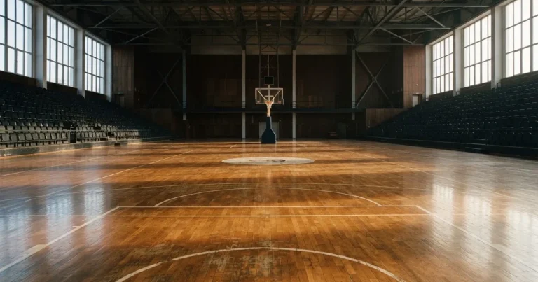 Ein leeres Basketballfeld in einer Halle mit glänzendem Parkett und einem Korb, durch hohe Fenster fällt Tageslicht.