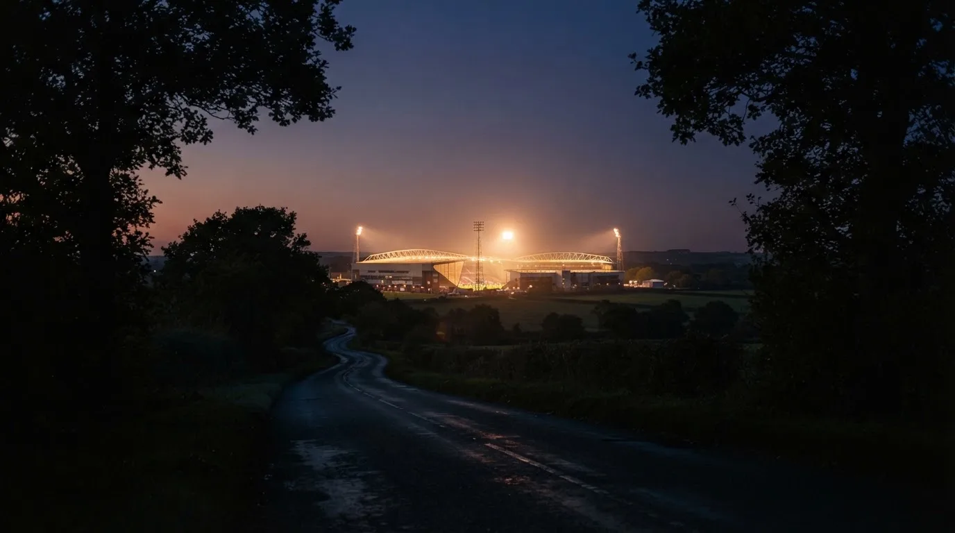Ein Stadion unter Flutlicht aus großer Entfernung gesehen, davor eine dunkle Landstraße und einzelne Bäume in der Dämmerung.