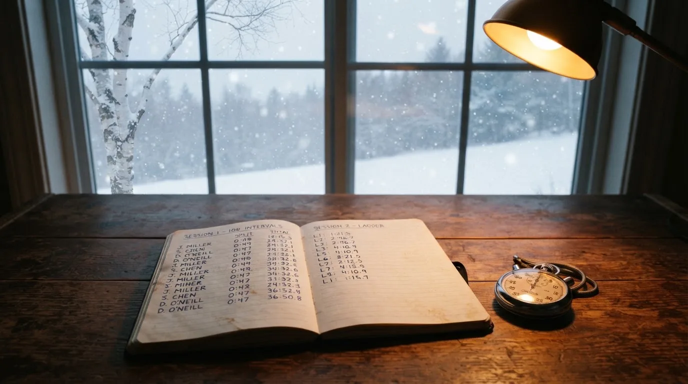 Ein Notizbuch mit handschriftlichen Zeiten liegt neben einer Stoppuhr auf einem Holztisch, draußen vor dem Fenster fällt Schnee.