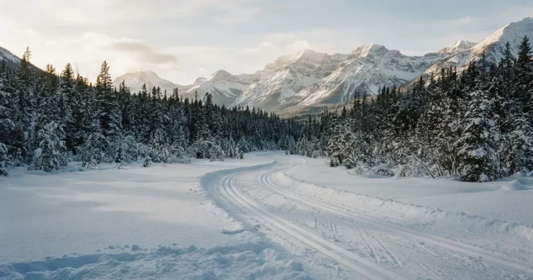 Eine verschneite Loipe im Morgenlicht mit gespurter Spur, im Hintergrund dunkler Nadelwald und eine Bergkette ohne Menschen.