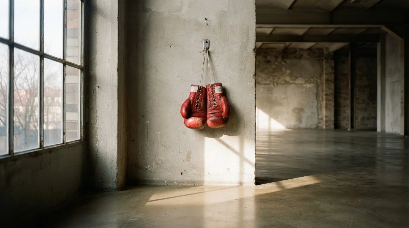 Ein Paar Boxhandschuhe hängt an einem Haken in einer leeren Trainingshalle, durch ein Fenster fällt Tageslicht auf den Boden.