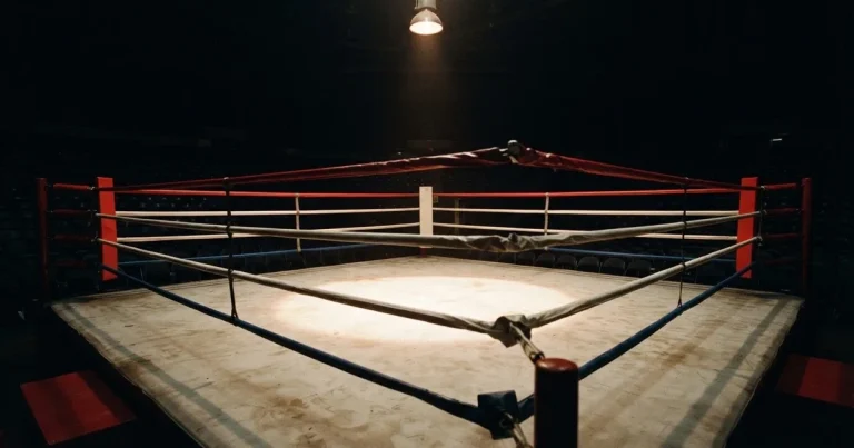 Ein leerer Boxring mit gespannten Seilen unter einer Hallenlampe, der Ringboden ist im Licht gut zu erkennen, niemand ist zu sehen.