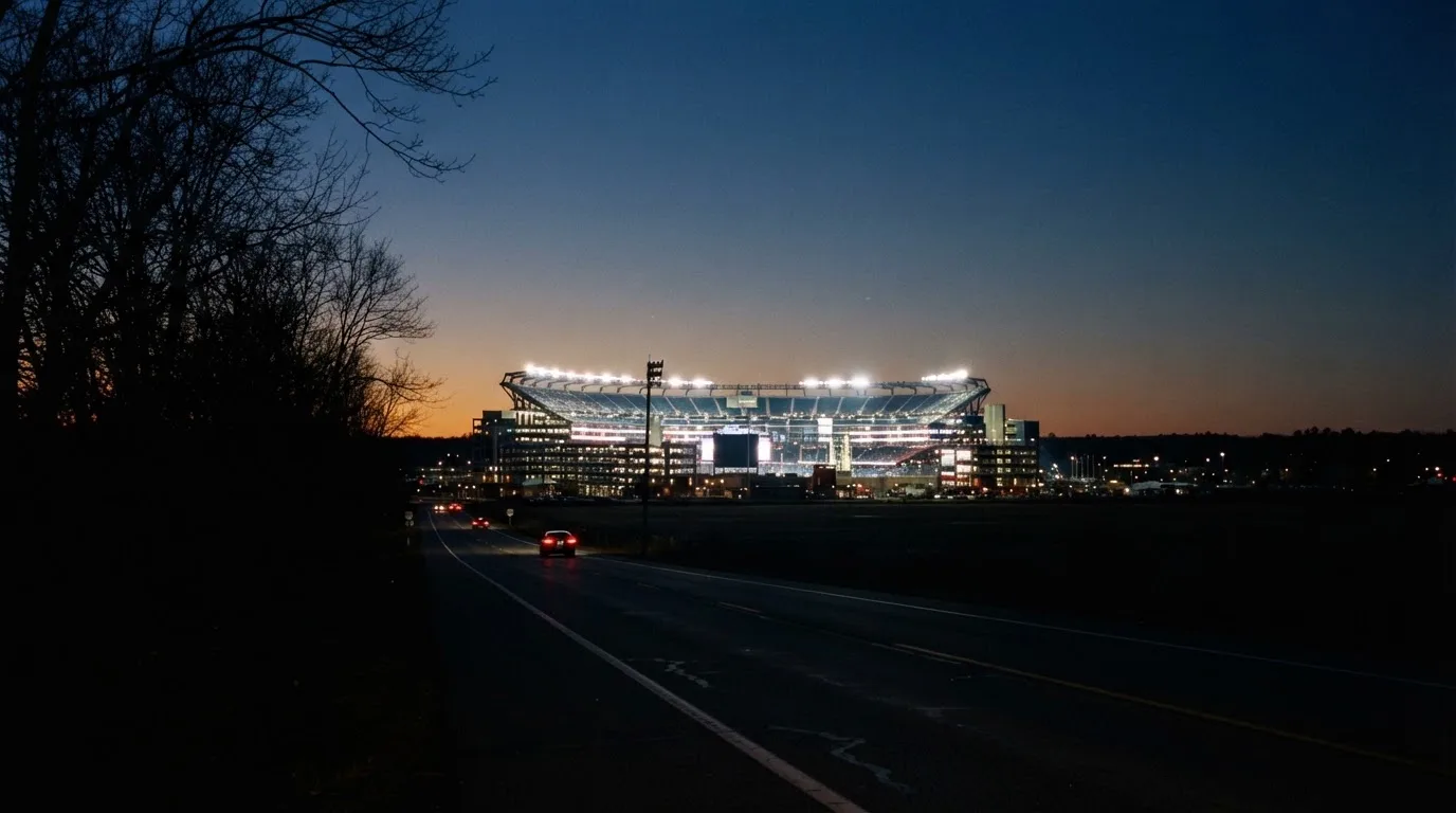 Ein Stadion unter Flutlicht aus großer Entfernung gesehen, davor eine dunkle Landstraße und einzelne Bäume in der Dämmerung.