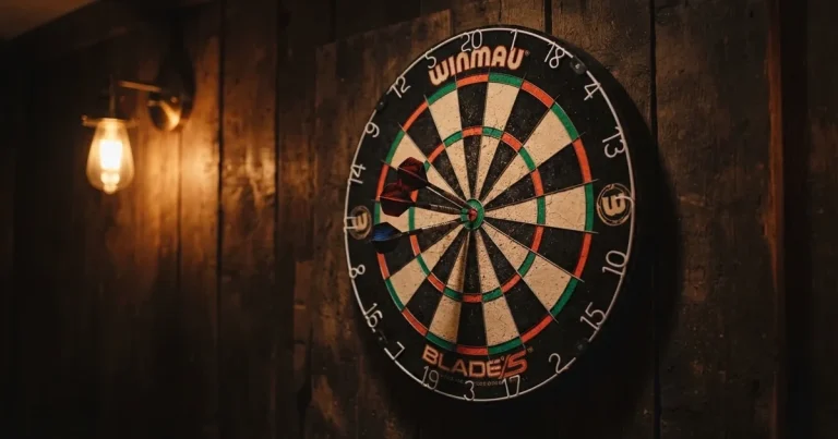 Eine Dartscheibe an einer Holzwand in einem schwach beleuchteten Raum, drei Pfeile stecken nahe der Mitte, warmes Licht von der Seite.