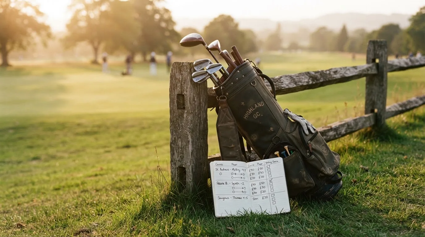 Ein Golfbag mit Schlägern lehnt an einem Holzzaun am Rand einer Spielbahn, tiefstehende Sonne von der Seite.