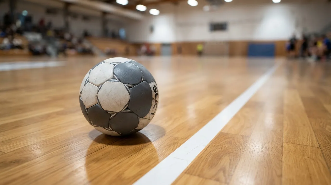 Ein Handball liegt auf dem Parkett einer Halle neben einer Spielfeldlinie, Licht fällt von oben ein.