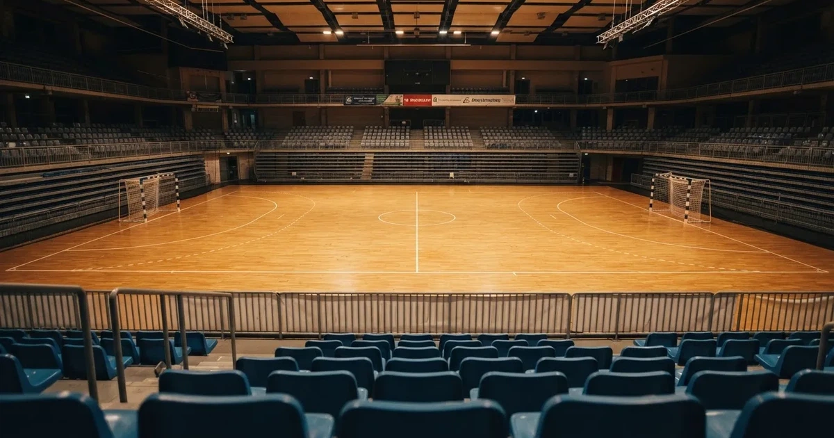 Eine leere Handballhalle von der Tribüne aus gesehen, der Hallenboden glänzt, an beiden Enden stehen Tore.
