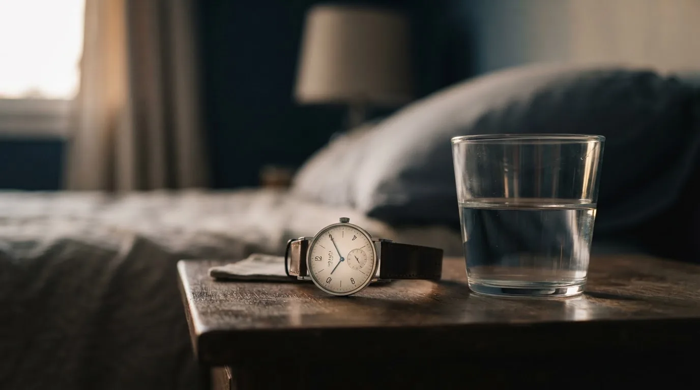 Eine Armbanduhr und ein Glas Wasser stehen auf einem Nachttisch im ruhigen Abendlicht, der Hintergrund ist unscharf.