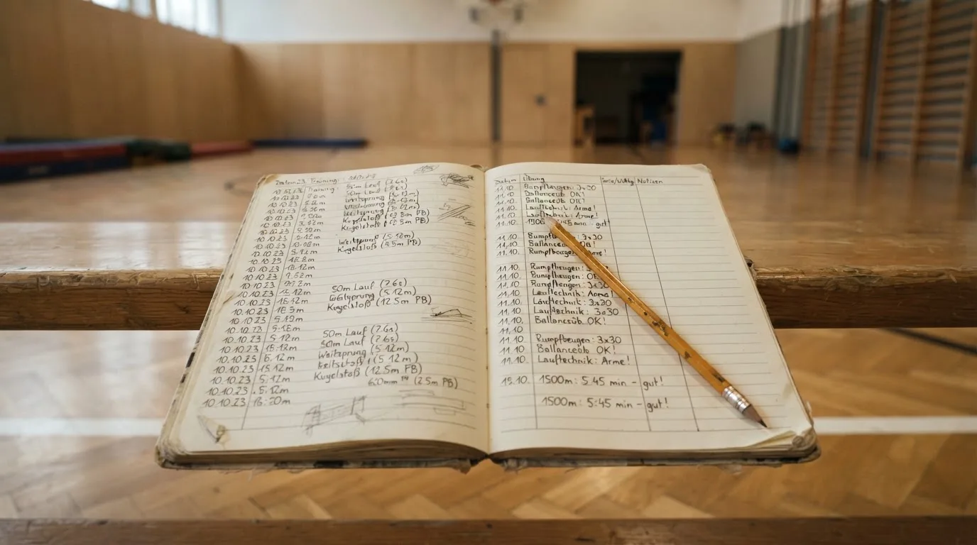 Ein Notizbuch mit handschriftlichen Notizen und ein Bleistift liegen auf einer Holzbank am Rand einer Halle.